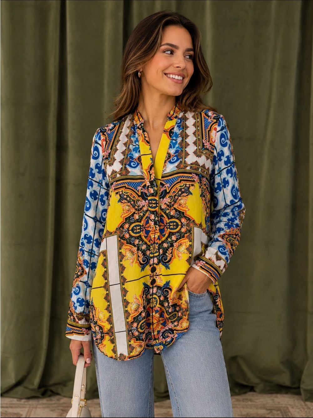 Rococo Sand Yellow and Blue Baroque Print 100% silk Top, XS